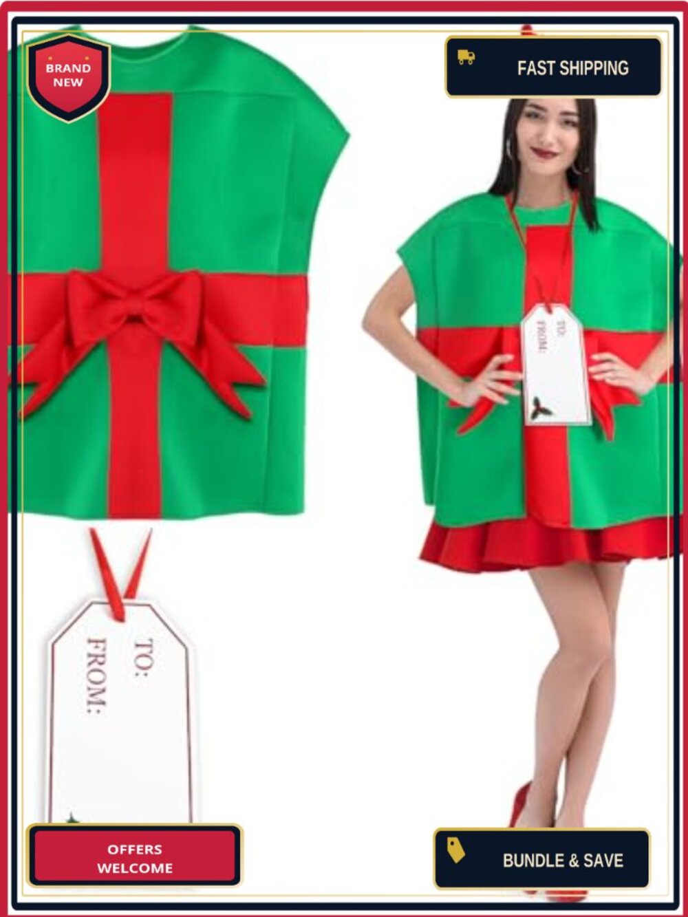 Christmas Present Costume 2 Pc Set Adult One Size Sleeveless Air Layer Fabric